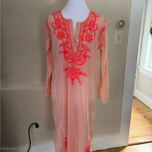 Matta Peach Cotton Gauze Embroidered Boho Caftan Dress Neon Coral Embroidery M